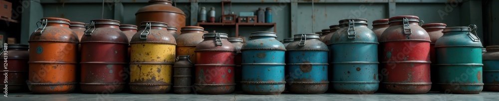 Close-up of various sized metal containers, industrial setting, closeup, steelboxes Close-up of various sized metal containers, industrial setting, closeup, steelboxes