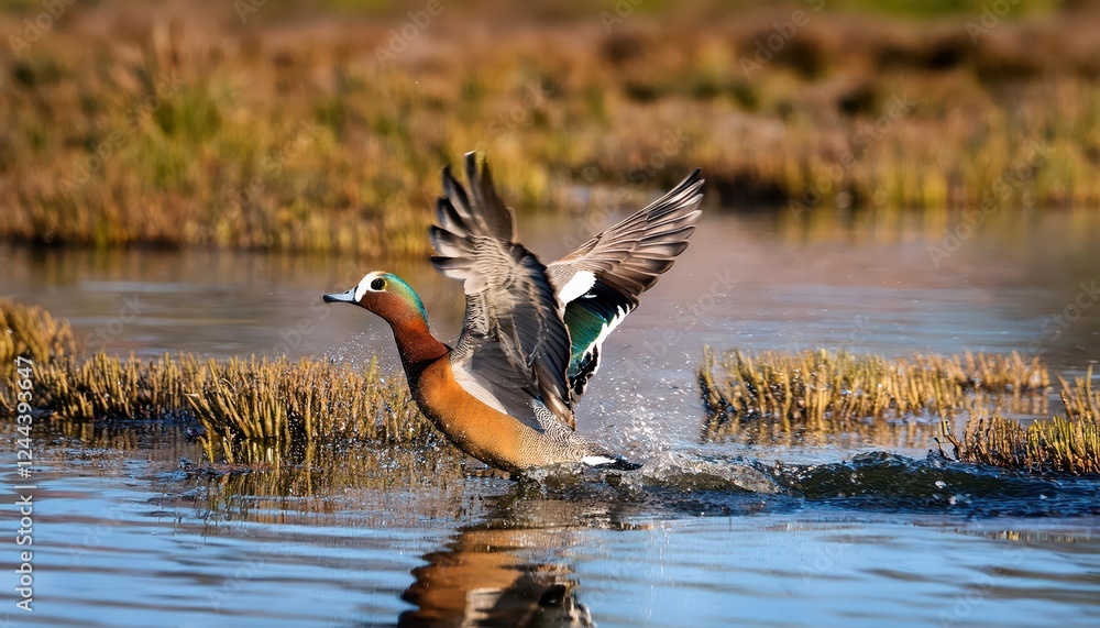 Peaceful American Wigeon Ducks Arrival in a Tranquil North Californian Marshland, Set Amidst Golden Rays and Serene Winter Reflections. Peaceful American Wigeon Ducks Arrival in a Tranquil North Californian Marshland, Set Amidst Golden Rays and Serene Winter Reflections.