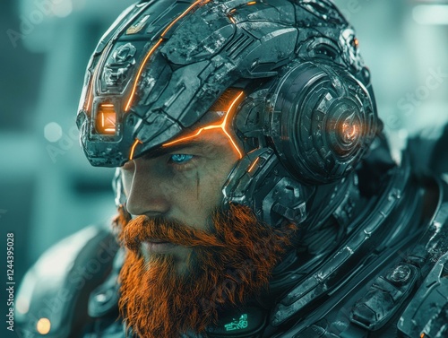 Cybernetic Soldier: A close-up of a soldier's face, his blue eyes piercing through the visor of his futuristic, high-tech helmet, while orange lights illuminate his beard and helmet. photo