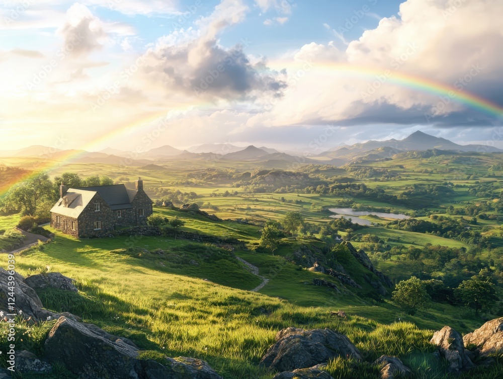 Capture a serene irish landscape at dawn featuring rolling green hills and a quaint stone cottage with a rainbow arcing over the scene Capture a serene irish landscape at dawn featuring rolling green hills and a quaint stone cottage with a rainbow arcing over the scene