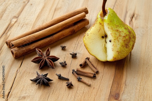 Winter pear and spices arranged on wooden surface for cozy seasonal flavor photo