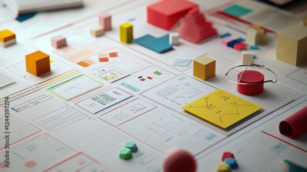 Fototapeta premium Colorful Abstract Business Data Visualization: A vibrant display of 3D shapes and charts illustrating creative business strategy and data analysis.