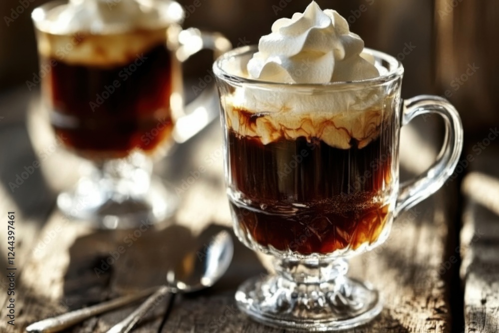 Enjoying a warm cup of Irish coffee with whipped cream at a cozy cafe Enjoying a warm cup of Irish coffee with whipped cream at a cozy cafe