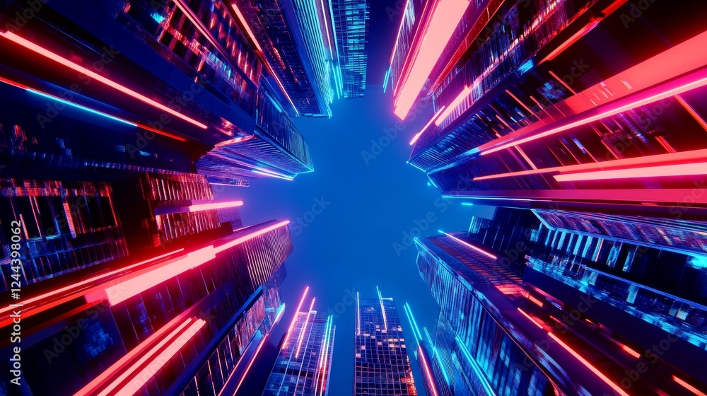 Futuristic cityscape with vibrant neon light illuminating skyscraper against a night sky Futuristic cityscape with vibrant neon light illuminating skyscraper against a night sky
