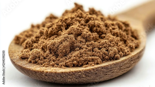 Wooden spoon holding pile of ground spice on white background