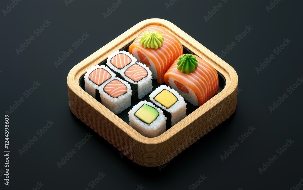 Hovering sushi bento box with wasabi and ginger on a pastel black background