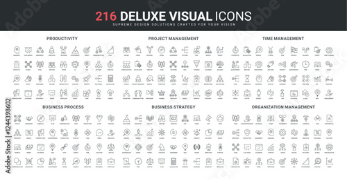 Productivity of business strategy and project management, time and process organization line icon set. Human resources, corporate company hierarchy, ESG thin black outline symbols vector illustration