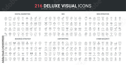 Digital marketing and SEO service, web app settings and operation, cyber security protection line icon set. Business growth strategy, copywriting thin black outline symbols vector illustration