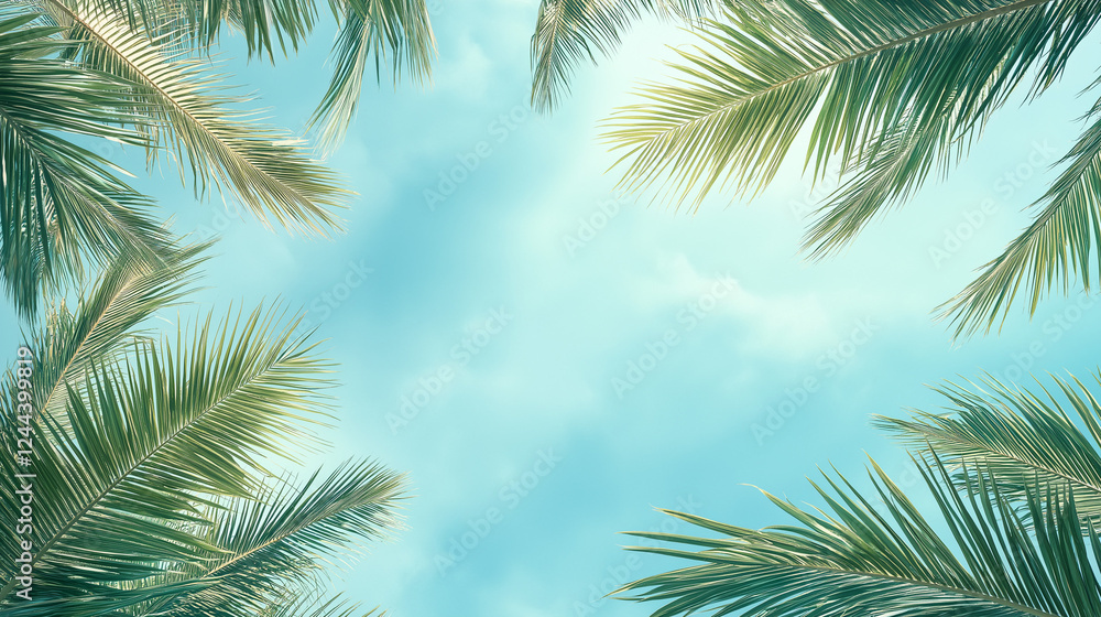 Stunning top-view shot of lush palm trees reaching toward a clear blue sky, capturing minimalistic summer vibes. Perfect for an Instagram story, evoking relaxation and tropical warmth. Stunning top-view shot of lush palm trees reaching toward a clear blue sky, capturing minimalistic summer vibes. Perfect for an Instagram story, evoking relaxation and tropical warmth.