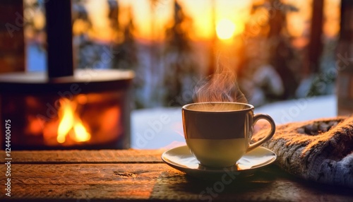 Cozy Winter Warmth by the Fireplace. Winter on background.