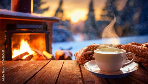 Cozy Winter Warmth by the Fireplace. Winter on background.