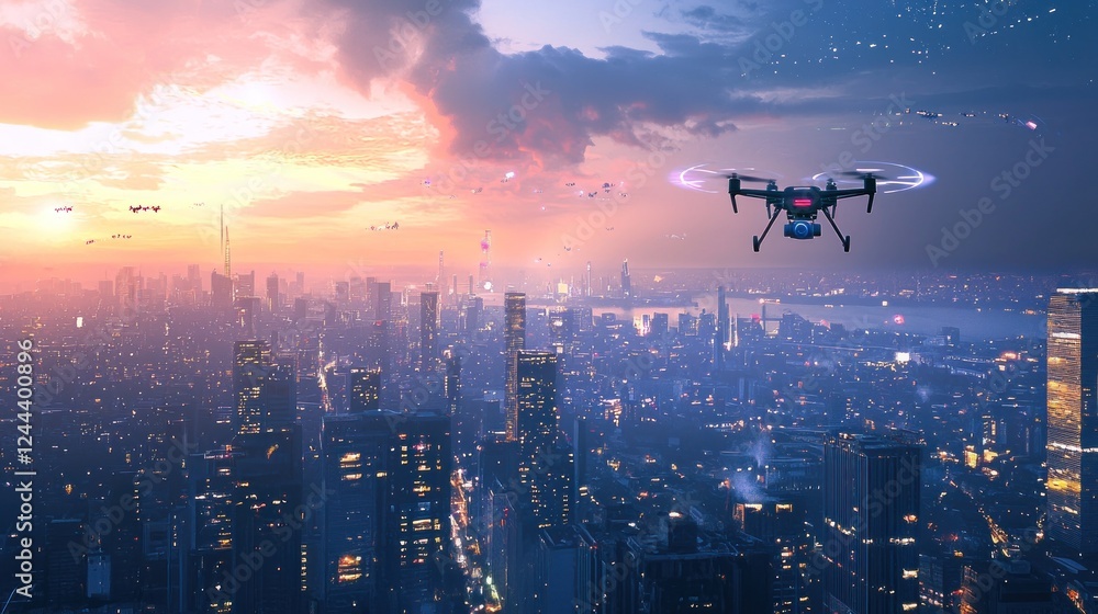 Drone Flight Over Futuristic Cityscape at Sunset Drone Flight Over Futuristic Cityscape at Sunset