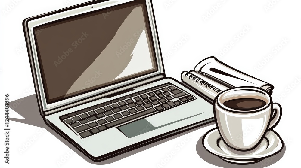 A cozy workspace featuring a laptop, coffee cup, and notepad, ideal for productivity A cozy workspace featuring a laptop, coffee cup, and notepad, ideal for productivity