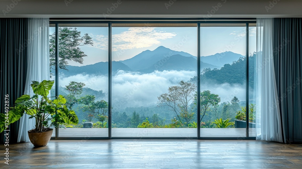 Fototapeta premium Mountain View Through Modern Sliding Glass Doors