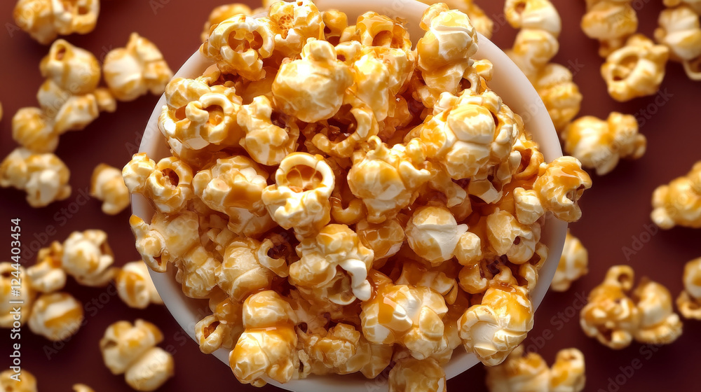Caramel Popcorn Top View, Hyper-Realistic Photo Caramel Popcorn Top View, Hyper-Realistic Photo