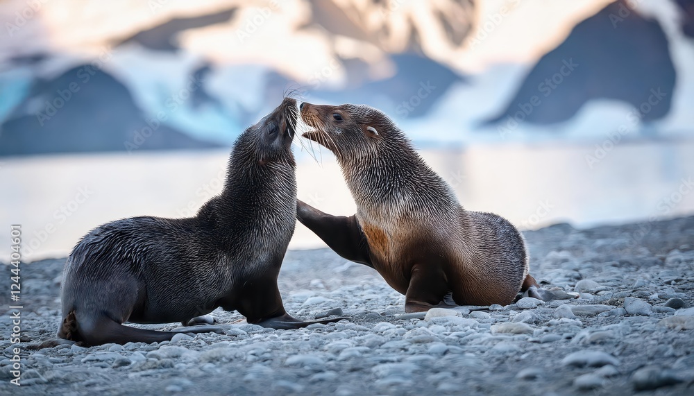 Fototapeta premium Vibrant Antarctic Fur Seal Pup Play at Sunset on South Georgia Island, Southern Ocean Stark Beauty in a Chilly Wilderness