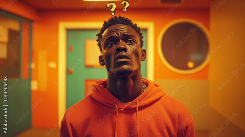 A thoughtful black man with a puzzled look, contemplating against an orange background, amidst floating question marks A thoughtful black man with a puzzled look, contemplating against an orange background, amidst floating question marks
