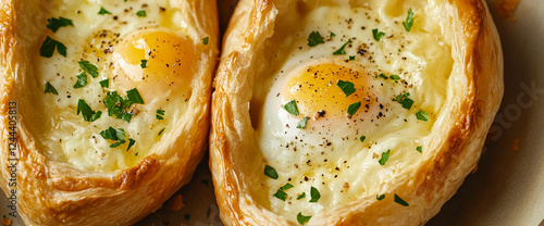 Baked potato cups with egg yolk, garnished with parsley and black pepper, representing a delicious and comforting breakfast or brunch dish. photo