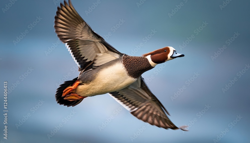 Majestic Arafed Duck Soaring through the Azure Skies with Spread Wings Against a Backdrop of Lush Green Fields and a SunKissed Sky Majestic Arafed Duck Soaring through the Azure Skies with Spread Wings Against a Backdrop of Lush Green Fields and a SunKissed Sky
