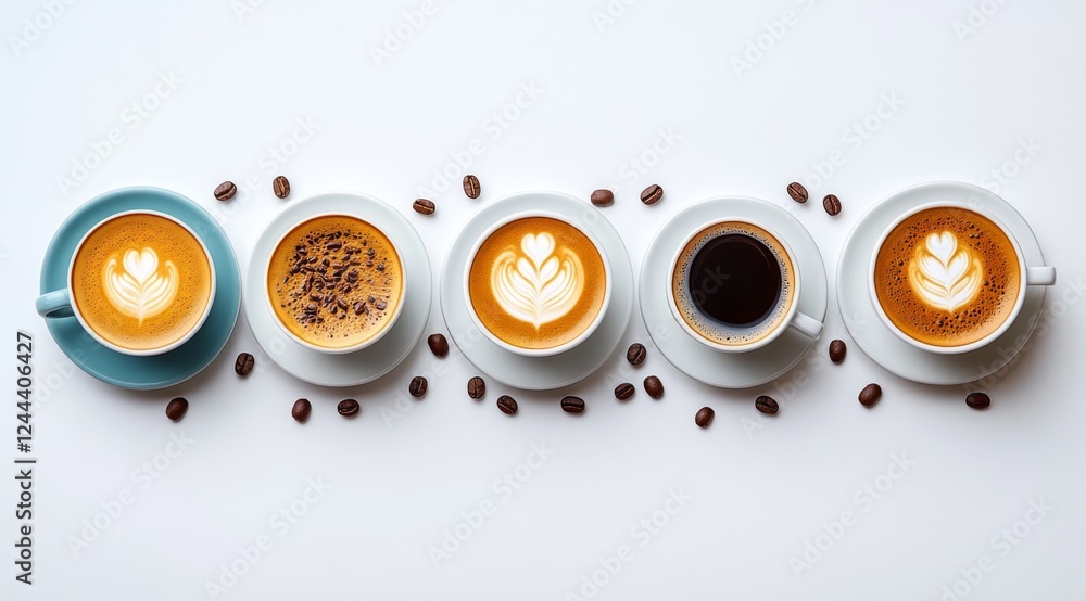Various colorful cups of latte art arranged neatly on a clean white surface with coffee beans scattered around, showcasing different styles and designs of latte toppings during a cozy afternoon Various colorful cups of latte art arranged neatly on a clean white surface with coffee beans scattered around, showcasing different styles and designs of latte toppings during a cozy afternoon