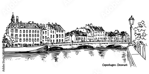 Copenhagen canal with historic buildings and bridge doodle sketch black vector engraving