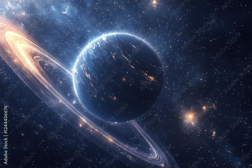 Fototapeta premium A blue planet with elegant rings orbiting in the darkness of space