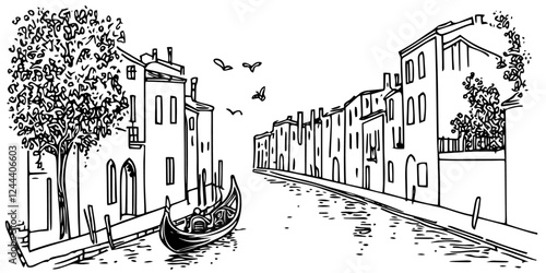 Venetian canal with gondola and historic buildings doodle sketch black vector engraving
