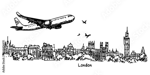 London skyline with airplane and landmarks doodle sketch black vector engraving