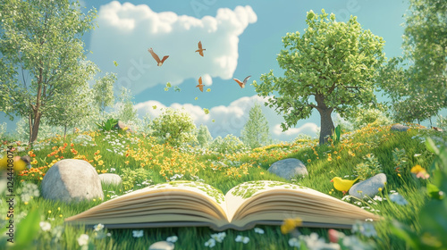 Opened book with green forest meadow and trees vector nature landscape on pages. Cartoon trees, plants, grass and stones under sky with clouds and birds on paper sheets of storybook, literature themes photo