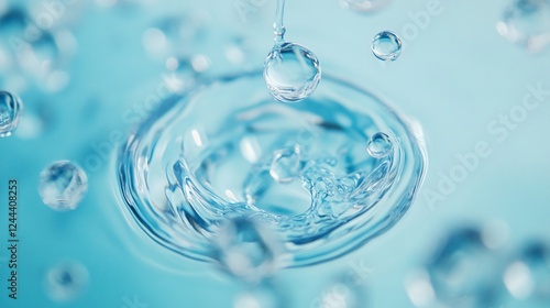 An artistic depiction of water droplets circling on a soothing aqua surface, symbolizing purity and the mesmerization of water as it creates fleeting moments of beauty. photo