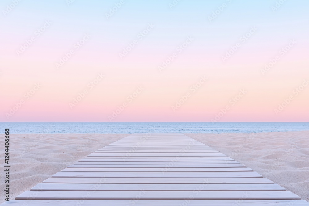 Naklejka premium Pastel colored sunset sky painting the horizon above a serene boardwalk stretching toward the ocean, nestled on a sandy beach