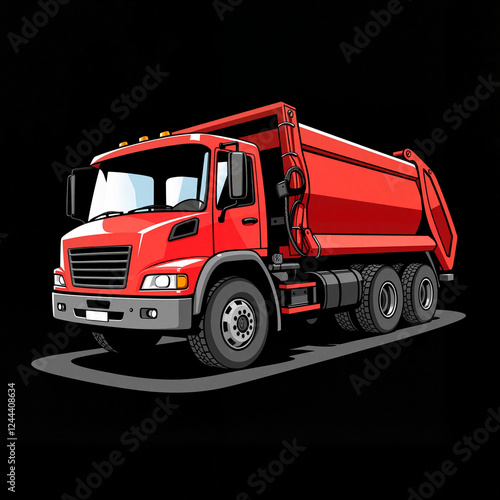 Red garbage truck on black background