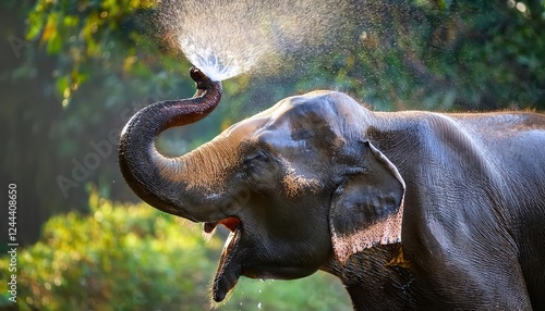 Playful Asian Elephant Cooling Off Under the Tropical Sun in Kerala, India A Photograph Capturing the Majesty of Working Elephants Amidst the Lush Greenery and Vibrant Culture photo