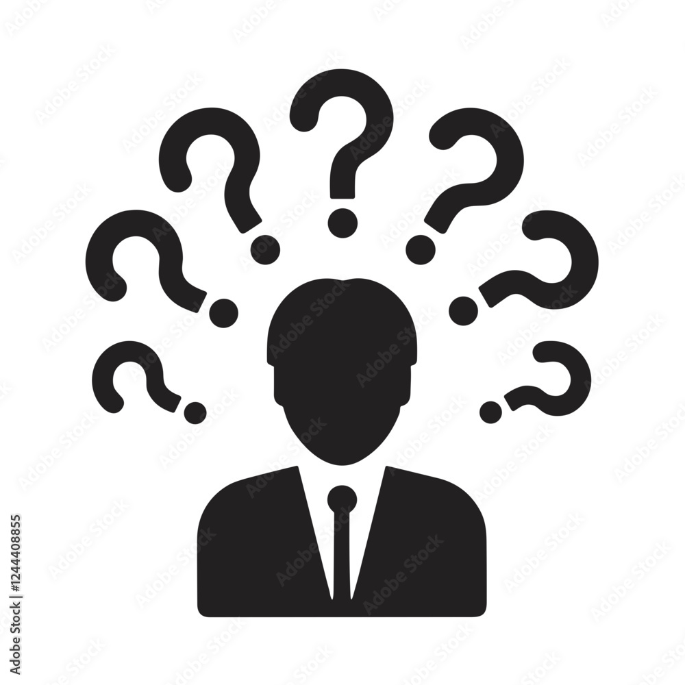 Man with Question Marks Icon for Problem-Solving Blogs and FAQs Man with Question Marks Icon for Problem-Solving Blogs and FAQs