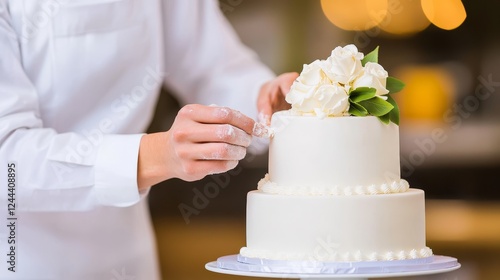 Baker delicately decorating a two-tier wedding cake with white roses in an elegant setting