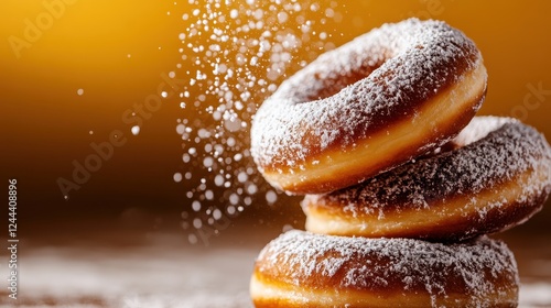 An inviting display of freshly made doughnuts, adorned with a fine layer of powdered sugar, set against a warm yellow background, inviting taste and indulgence. photo