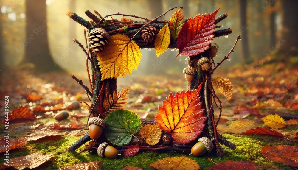 Natural photo frame made from autumn leaves, twigs, and pinecones resting on moss in a forest Natural photo frame made from autumn leaves, twigs, and pinecones resting on moss in a forest