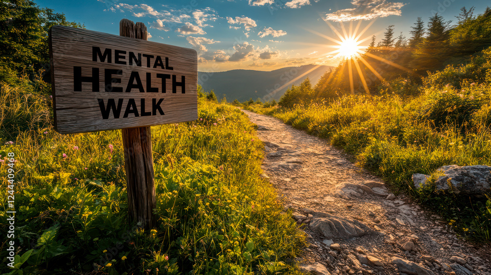 Obraz premium Wooden road sign reading Mental Health Walk, beautiful meadow footpath in the background