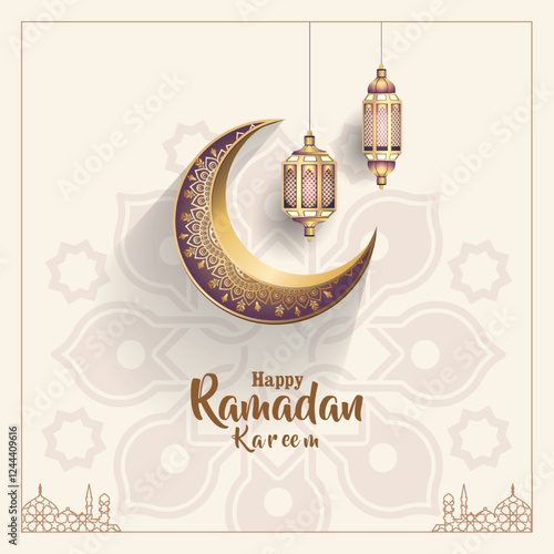 islamic greeting card ramadan kareem template design with crescent and lanterns