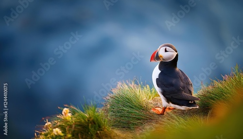Striking Closeup of an Atlantic Puffin at Latrabjarg Vivid and Charming Wildlife Portrait, Captured in the Steep Cliffs against a Dramatic Icelandic Landscape