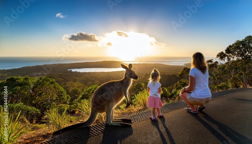 Morning Bliss A MotherDaughter Bonding Moment against the Backdrop of a Vibrant Sunrise at Cape Hillsborough National Park, Queensland, Australia photo