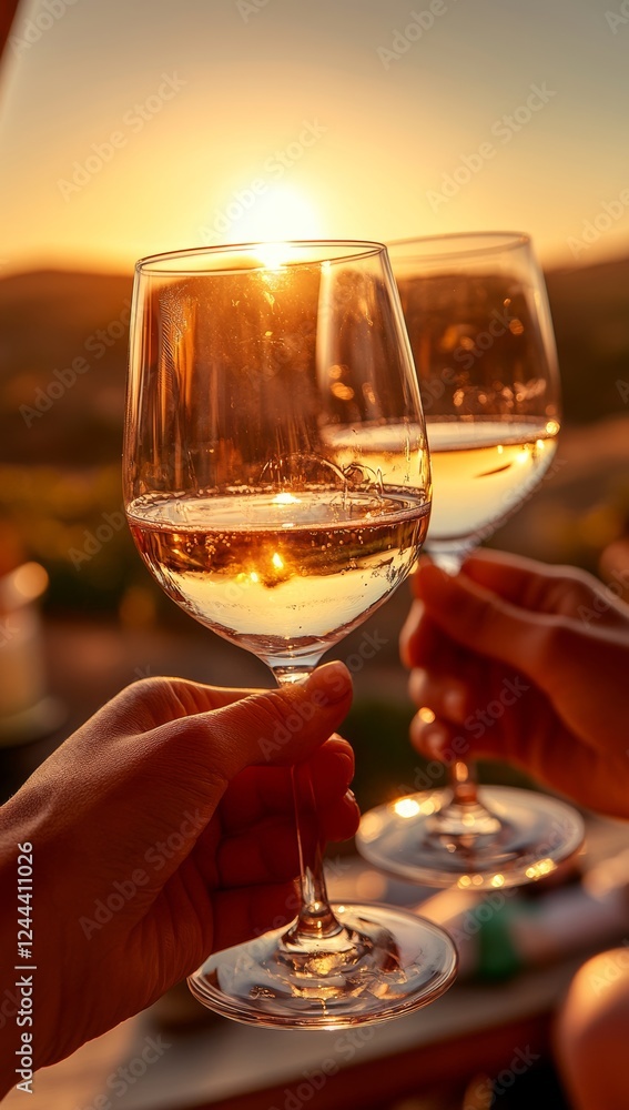 Obraz premium Happy friends raise their red wine glasses in a toast at an animated outdoor summer fest
