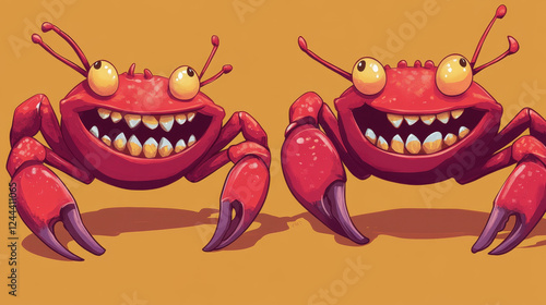 Colorful red cartoon marine crabs set facing the viewer with toothy smiles, for mascot design photo