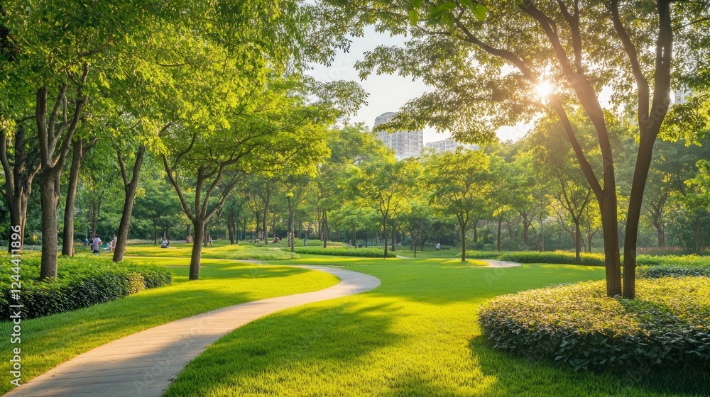 Fototapeta premium Serene Park Pathway Surrounded by Lush Green Trees and Sunlight
