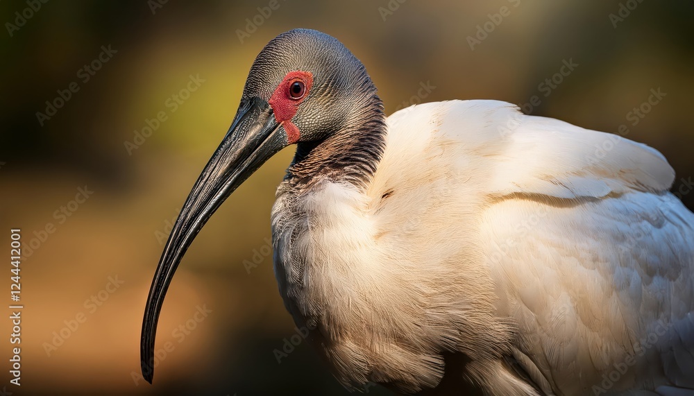 Fototapeta premium Striking Portrait of an Australian White Ibis amidst a Tropical Australian Wetland, Captured in Soft Light and Rich Colors, showcasing the Birds Vibrant Plumage and Reflective Eyes.