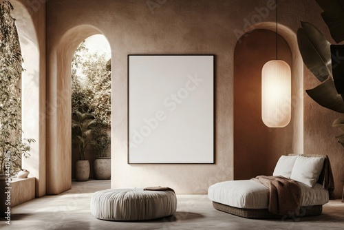 Elegant modern interior design with blank canvas frame and arched passageways