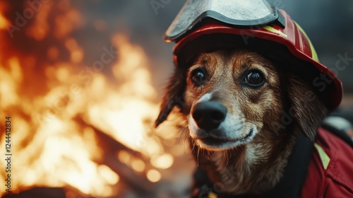 A faithful dog in a firefighter uniform stands valiantly amidst a backdrop of raging flames, symbolizing bravery and the unwavering spirit of rescue animals in challenging times. photo