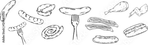 Barbecue bbq banner for web site, card, paper with sausages, bacon, pork, chicken, pretzel, beer snacks and other unhealthy meal for pub bar restaurant menu, meat snacks, fork, food 