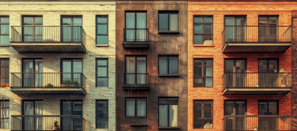 Obraz premium In the city, the facade of a modern apartment building is highlighted by its balconies, windows, and architectural features