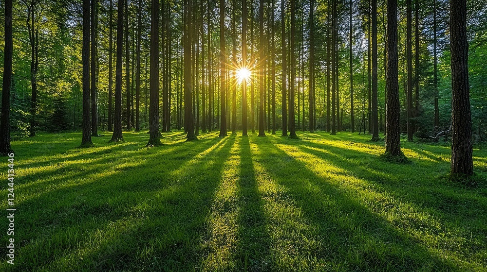 Sunlit Forest Path Grassy Floor Trees Sunlit Forest Path Grassy Floor Trees